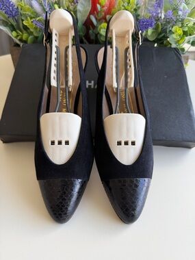 Bruno Magli Black and Cream Pointed Toe Slingback Pumps